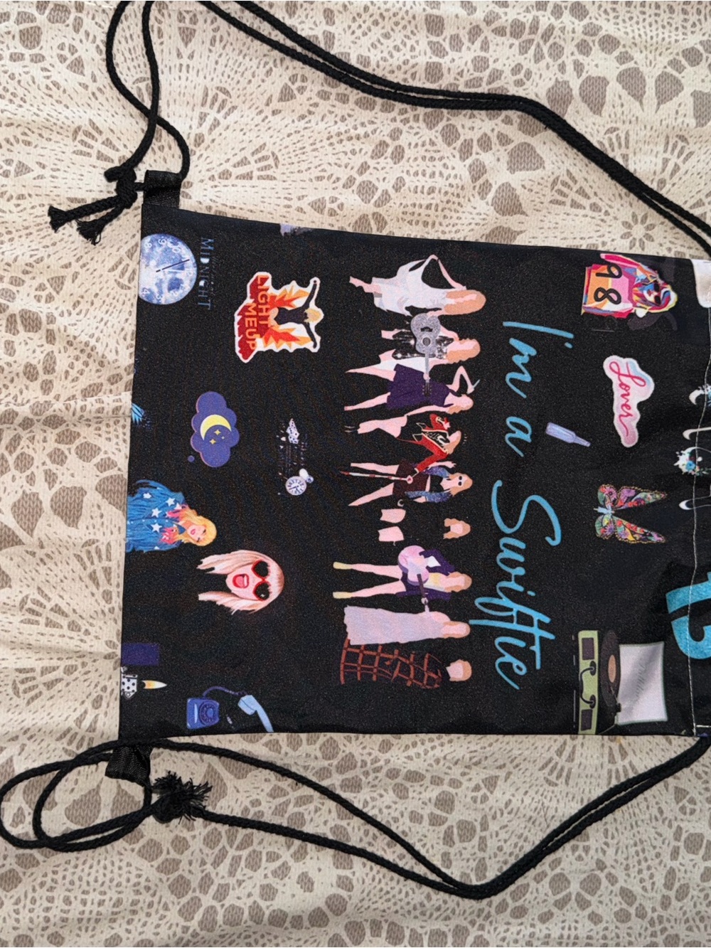 Black Graphic Drawstring Backpack - Women's Bag